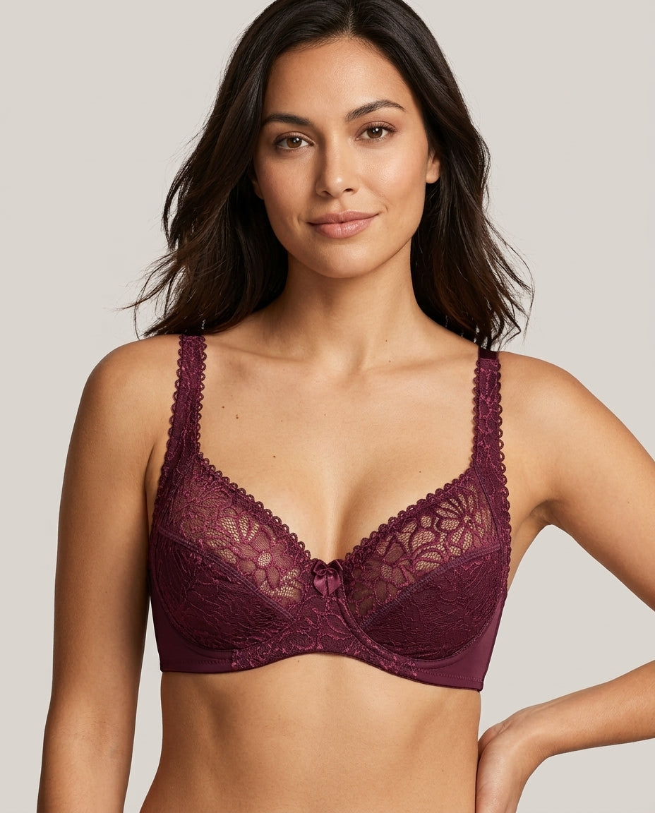 Livia Lace Full Coverage Bra Burgundy Model Front