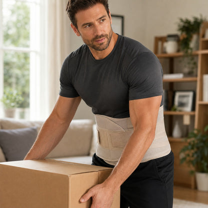 Man wearing the beige LumbarEase belt while lifting a box