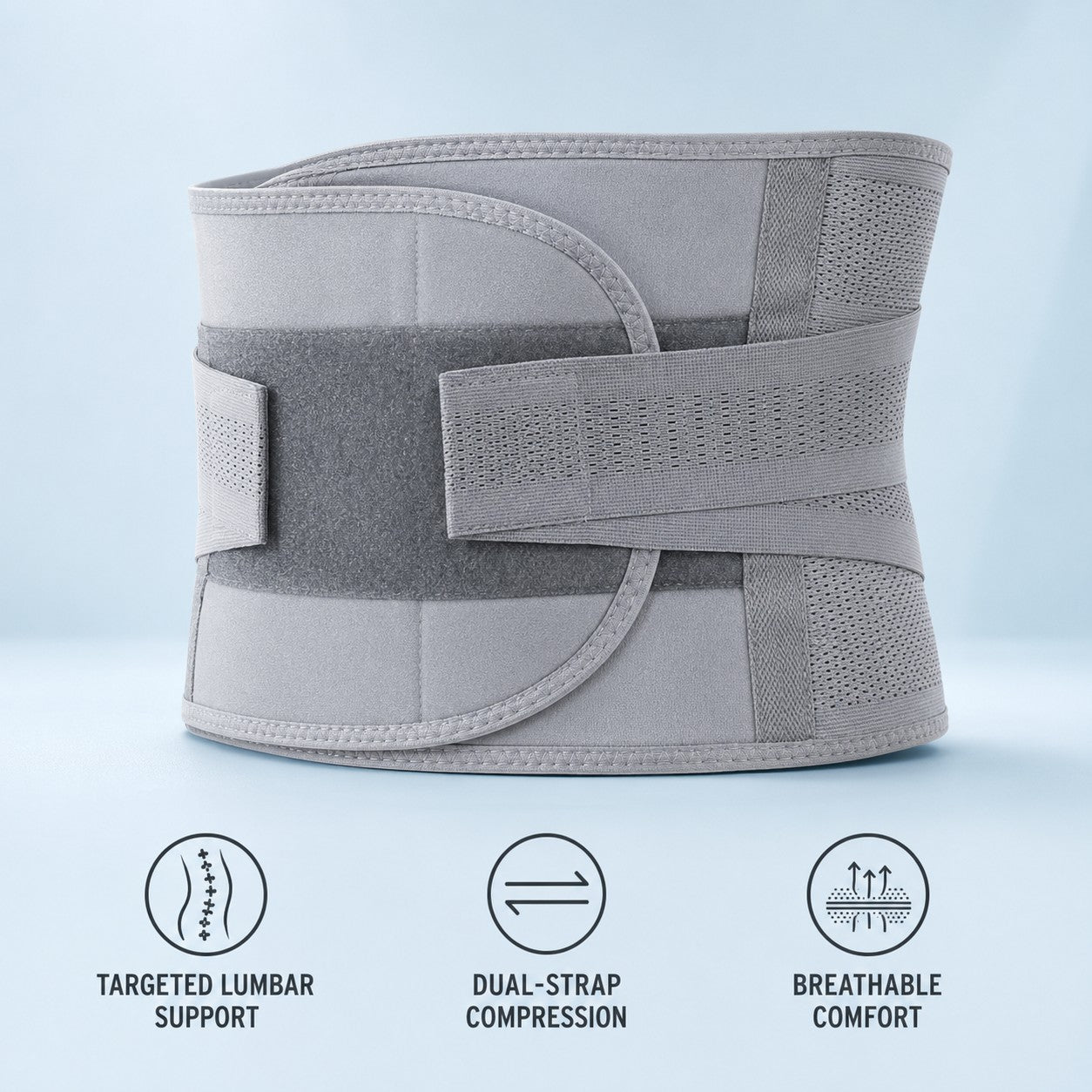 Targeted lumbar support, dual-strap compression and breathable comfort