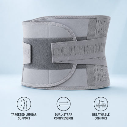 Targeted lumbar support, dual-strap compression and breathable comfort
