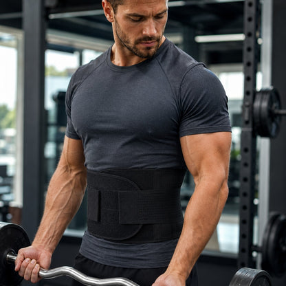 Man wearing the black LumbarEase back support belt at the gym
