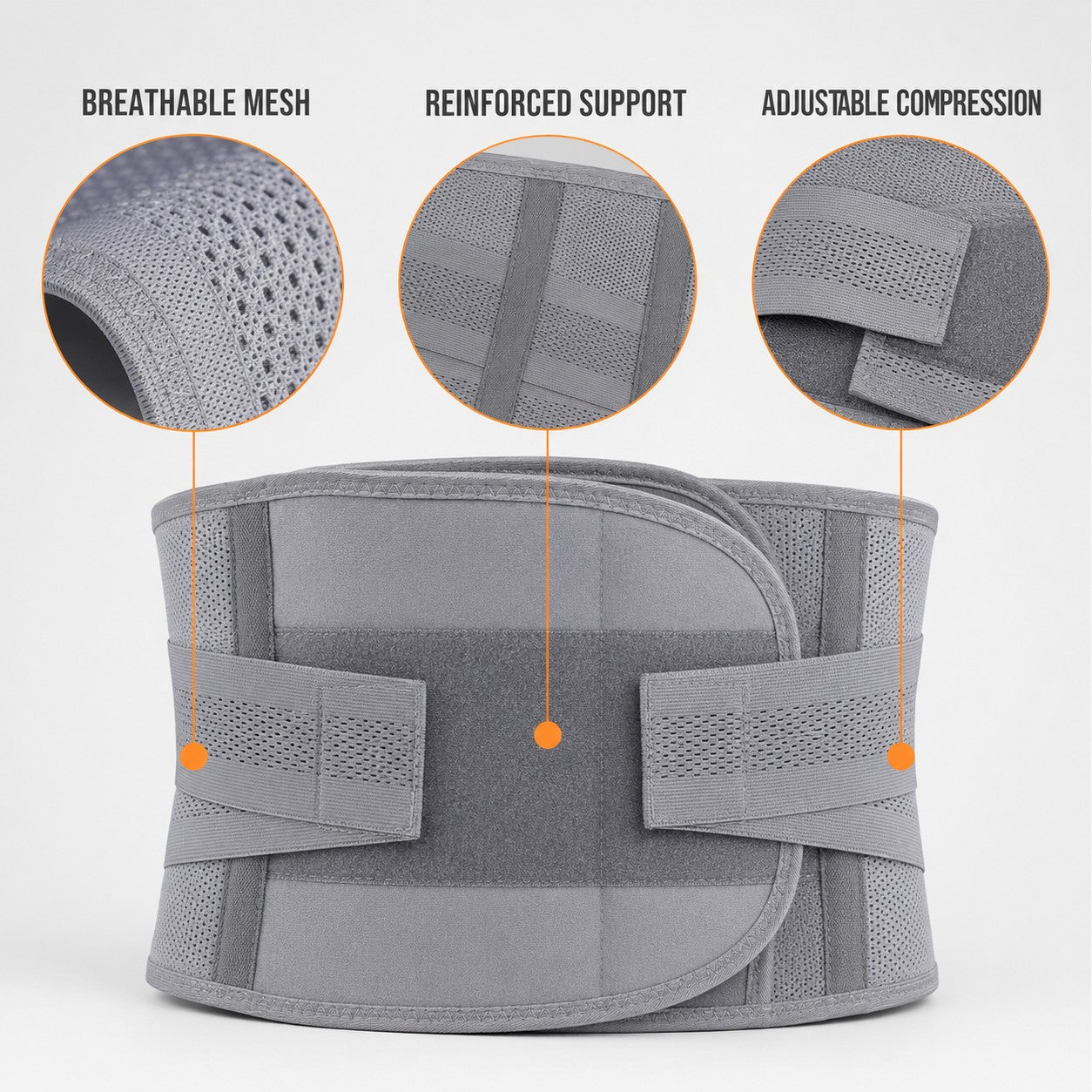 Breathable mesh, reinforced support and adjustable compression