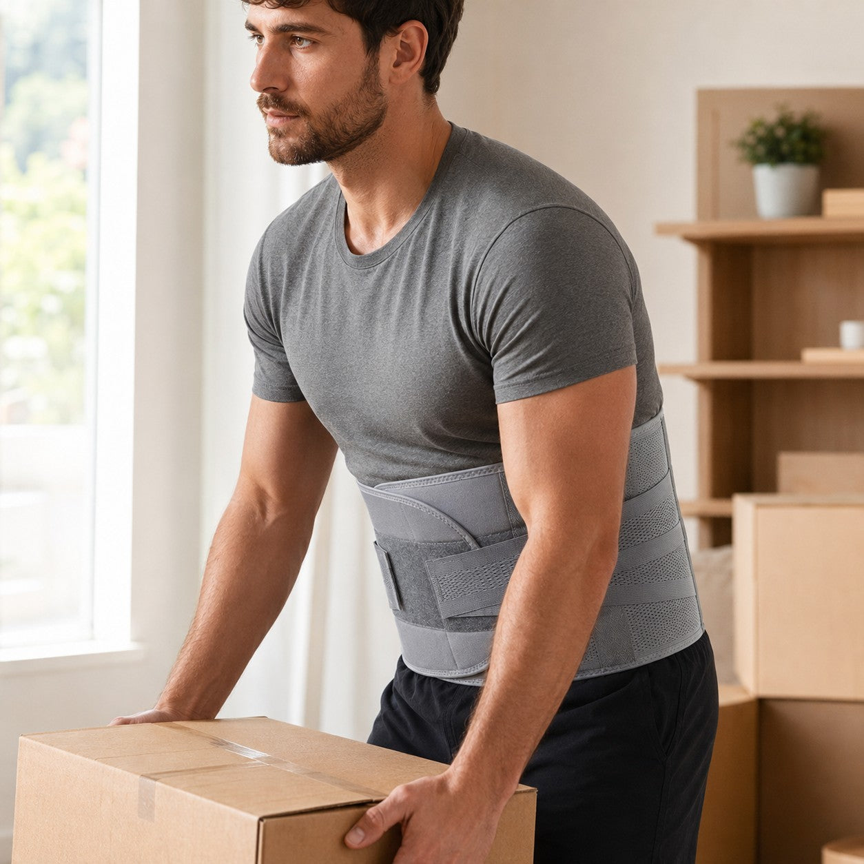 Wearing the LumbarEase belt while lifting a box