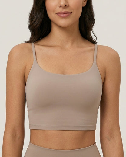 Luna Light Longline Yoga Crop Bra Taupe Front Close Detail