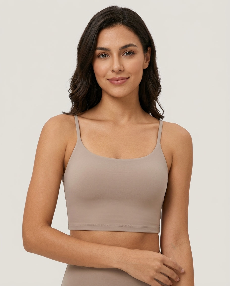 Luna Light Longline Yoga Crop Bra Taupe Model Front