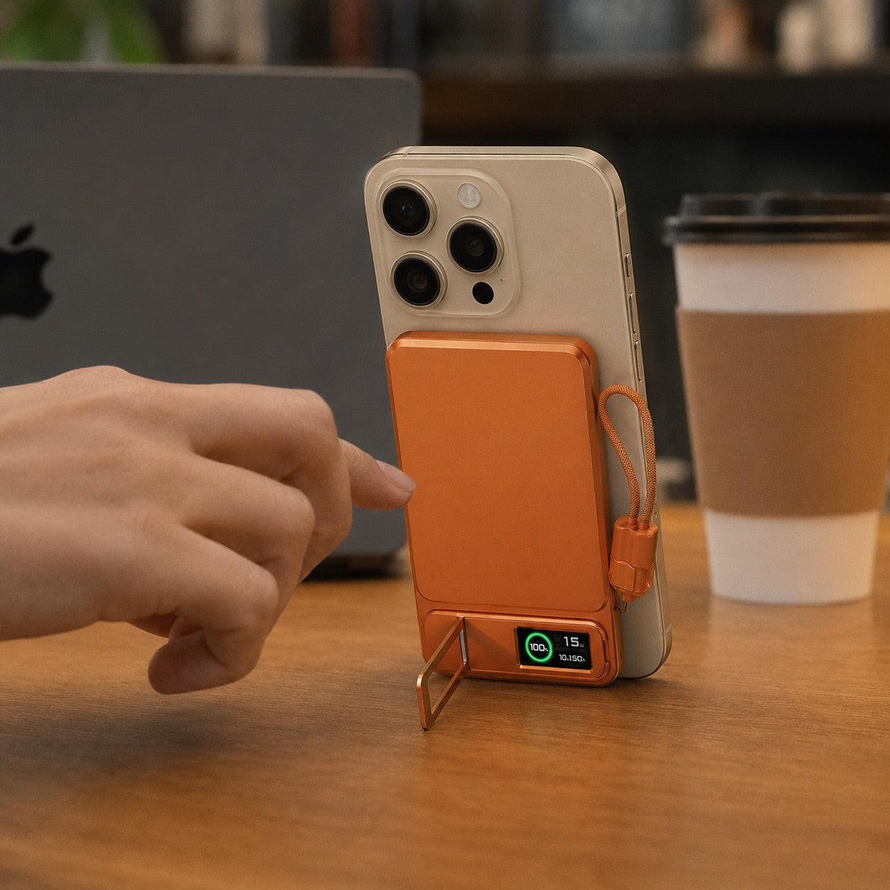 MagFlow power bank propping up a phone with its kickstand on a desk