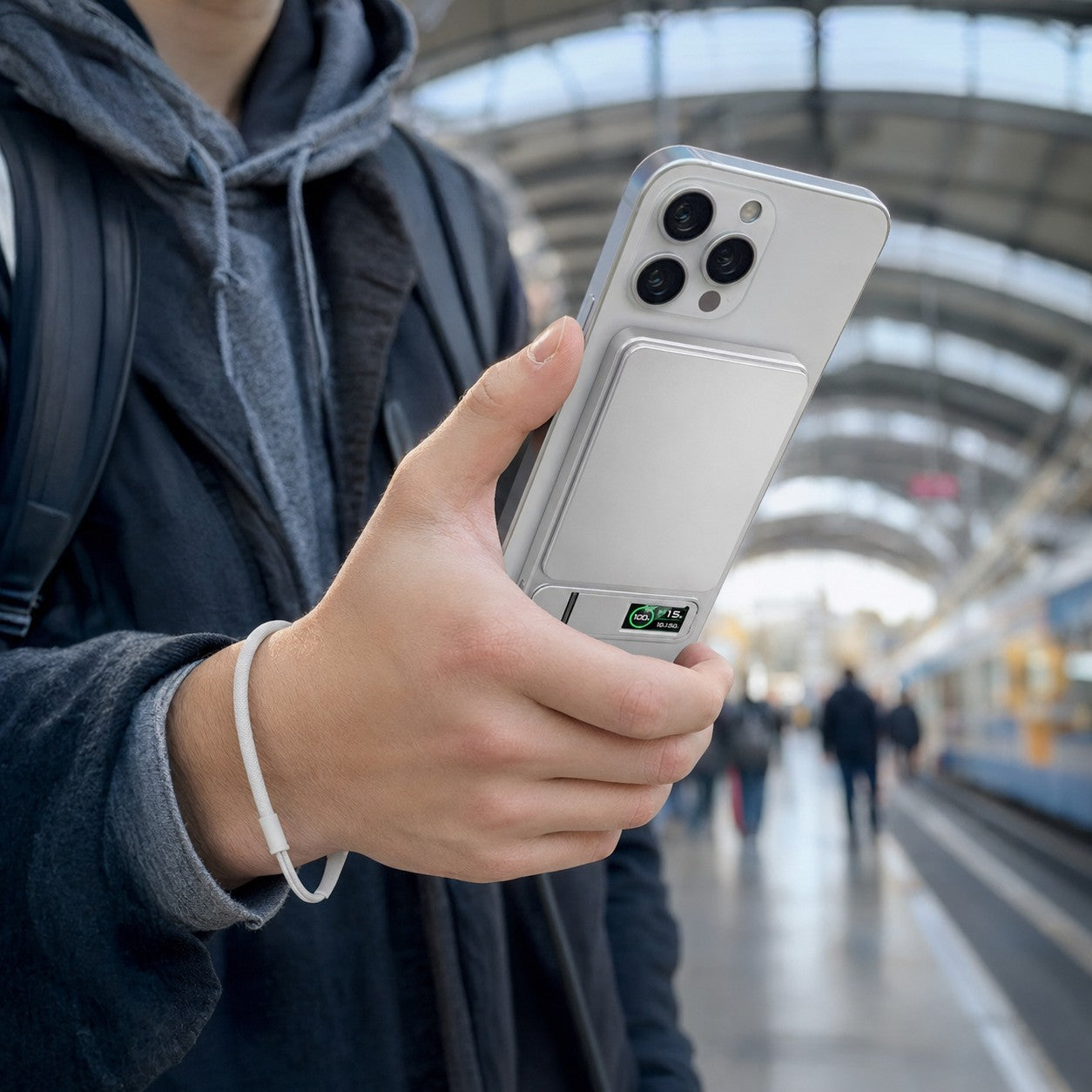 Charging an iPhone on the go with the MagFlow power bank attached