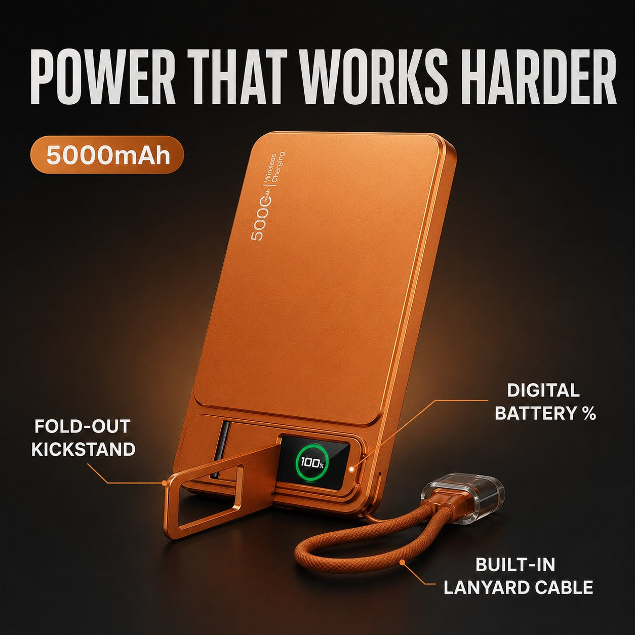 Power that works harder - 5000mAh, fold-out kickstand, digital battery percentage