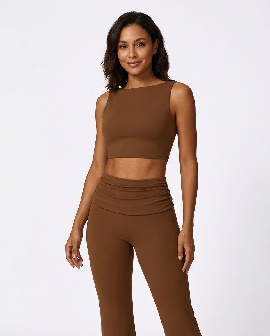 Mara High Neck Yoga Flare Set Mocha Brown Hero Front New Zealand model