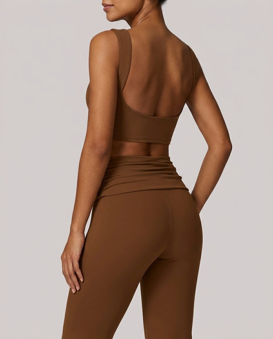 Mara High Neck Yoga Flare Set Mocha Brown Side Back Scoop Back Flare Pants Detail