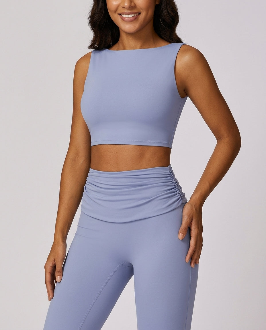 Mara High Neck Yoga Flare Set Periwinkle Blue Hero Front New Zealand model