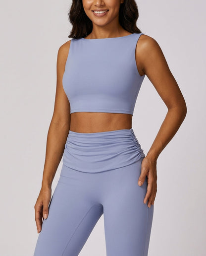 Mara High Neck Yoga Flare Set Periwinkle Blue Hero Front New Zealand model