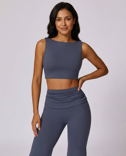 Mara High Neck Yoga Flare Set Slate Gray Hero Front New Zealand model