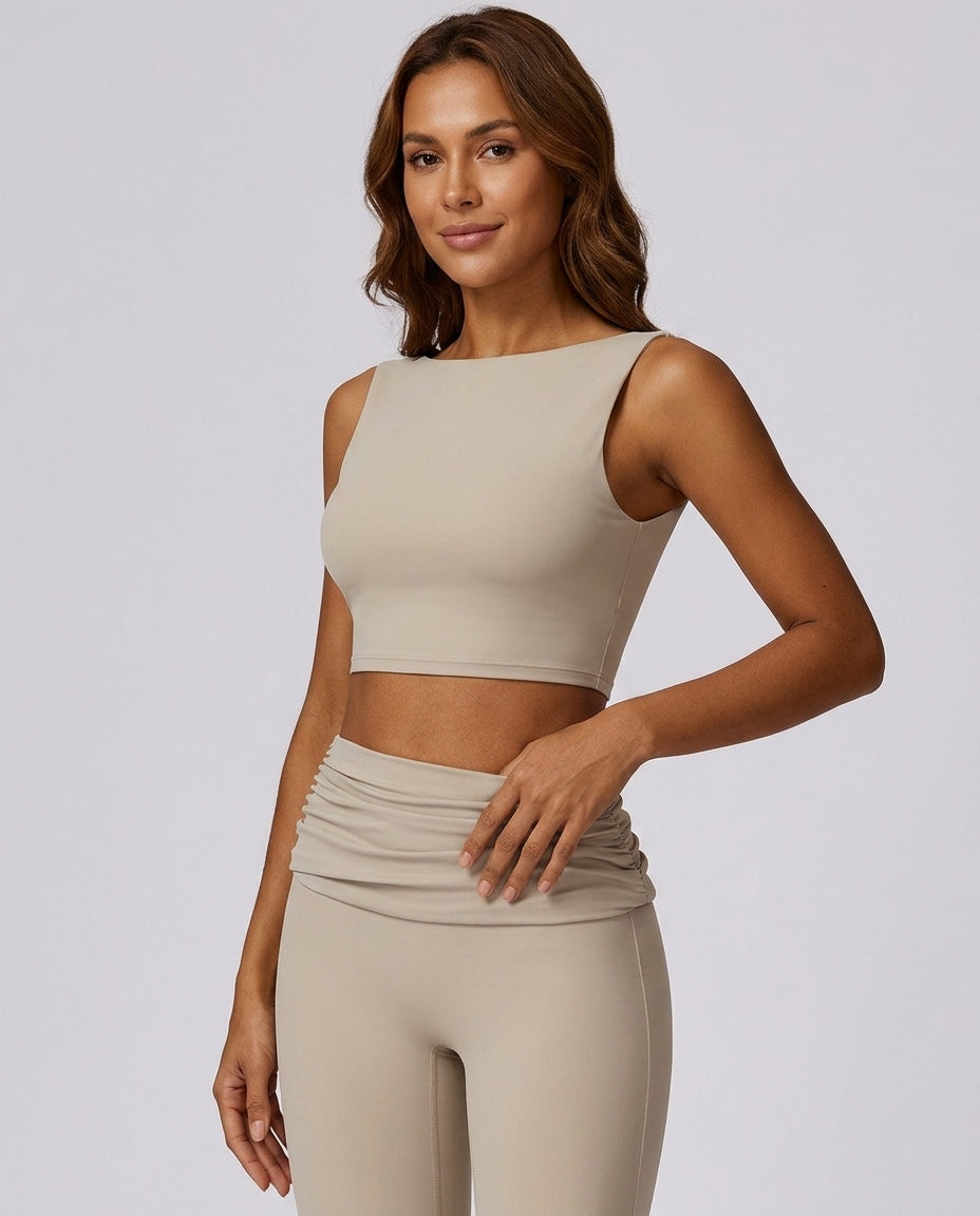 Mara High Neck Yoga Flare Set Taupe Beige Hero Front New Zealand model