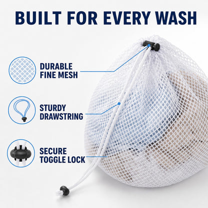 Built for every wash with durable fine mesh, sturdy drawstring and secure toggle lock