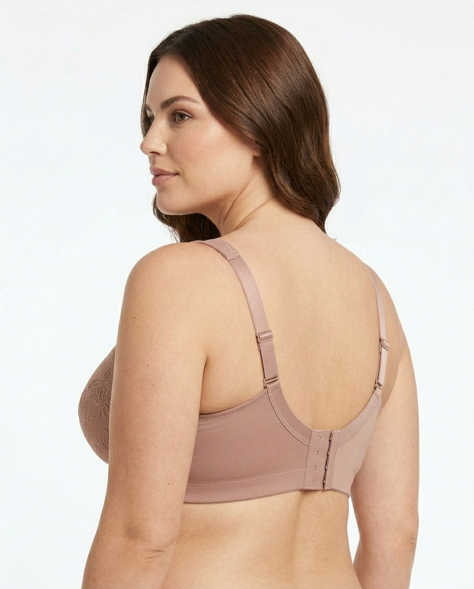 Nadia Wireless Full Coverage Bra Warm Taupe Side Back Wide Strap Hook Detail