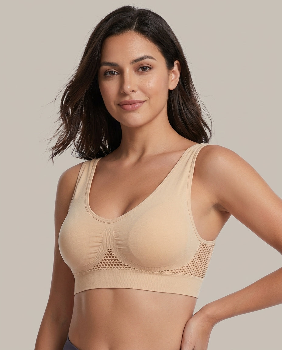Naya Side Mesh Wirefree Bra Nude Model Front
