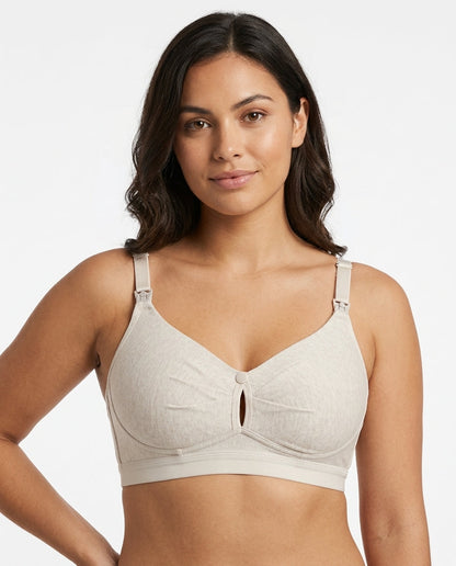 Nella Wirefree Clip Down Nursing Bra Oatmeal Beige Hero Front Model
