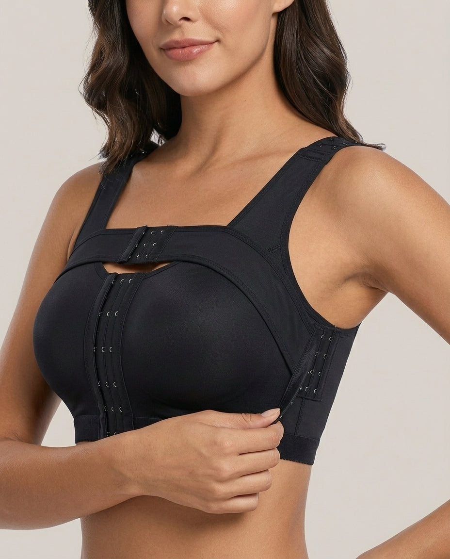 Nora Front Closure Support Bra Black Side Front Closure Detail