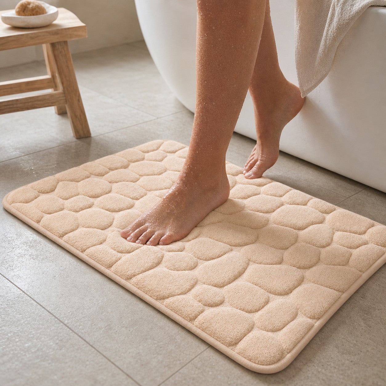 Standing on the apricot NoSlip bath mat