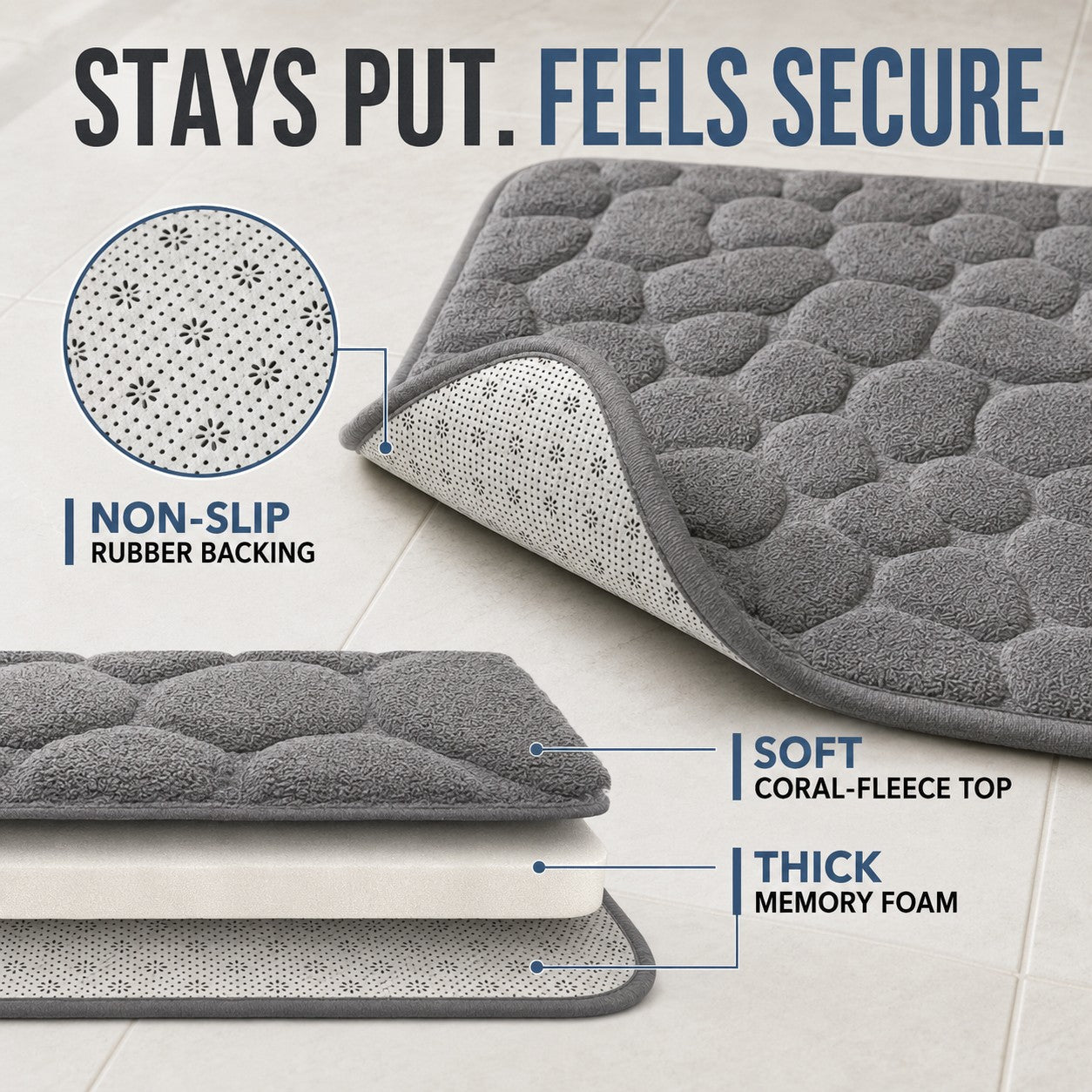 Stays put with non-slip rubber backing, soft coral-fleece top and thick memory foam