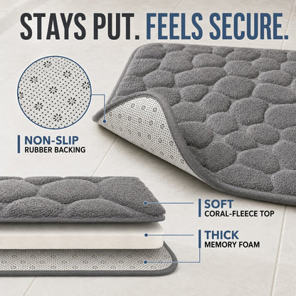 Stays put with non-slip rubber backing, soft coral-fleece top and thick memory foam