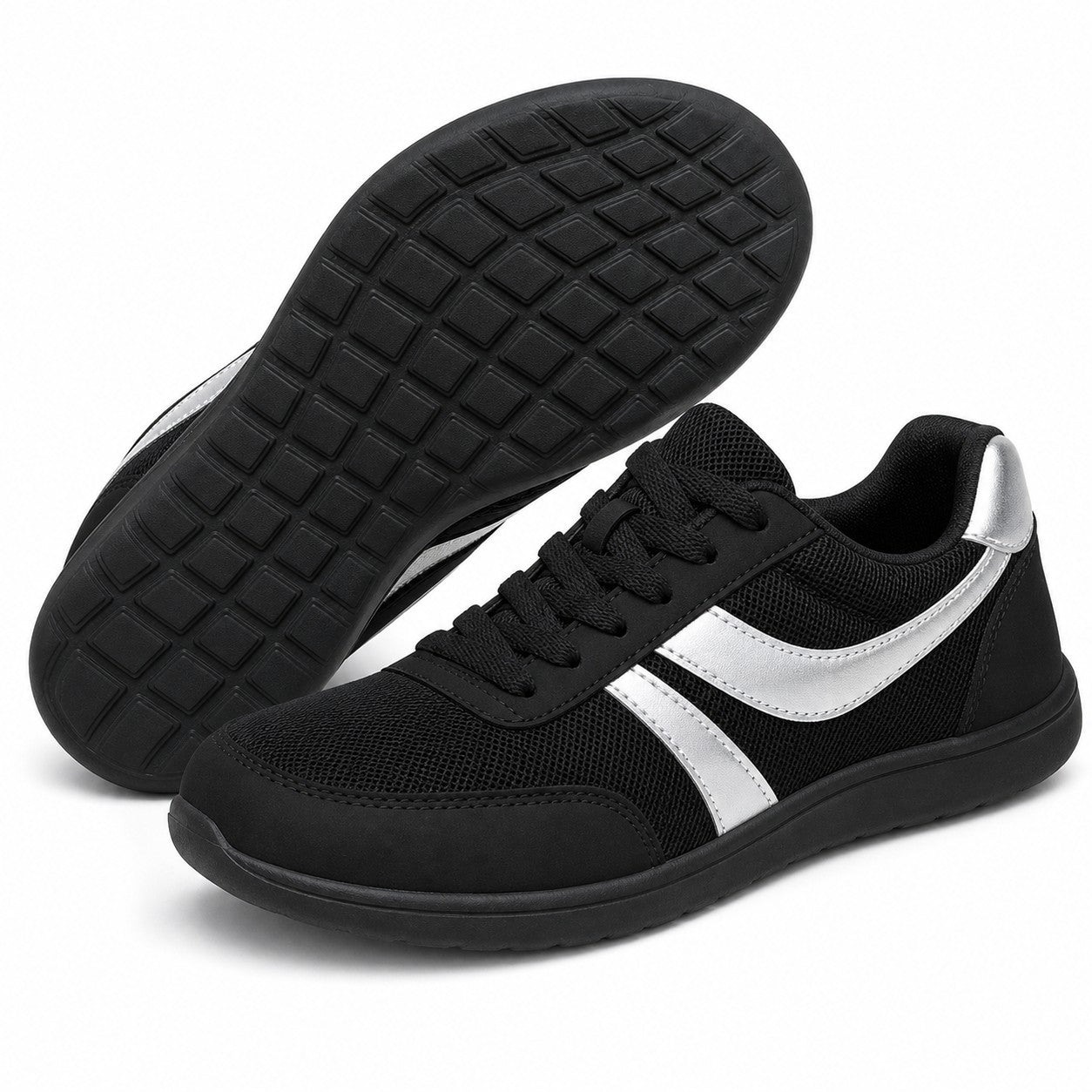 Orlena Roomy Toe Walking Shoes For Women Black Silver Front Hero Pair Sole