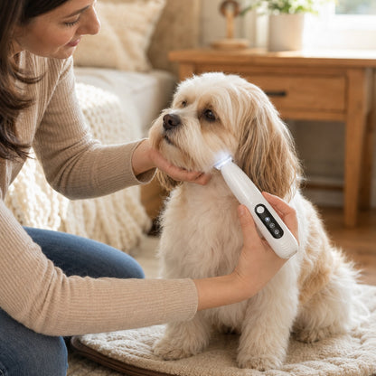 Grooming a dog's paw at home with the PawPerfect trimmer