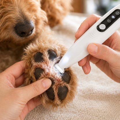 Close-up trimming a dog's paw with the PawPerfect cordless trimmer