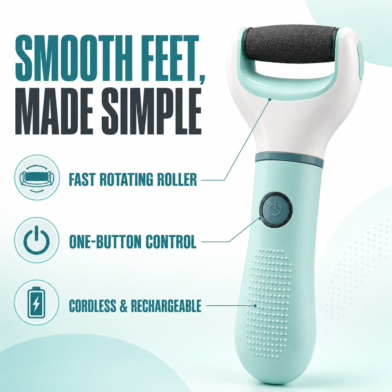 Smooth feet made simple - fast rotating roller, one-button control, cordless and rechargeable