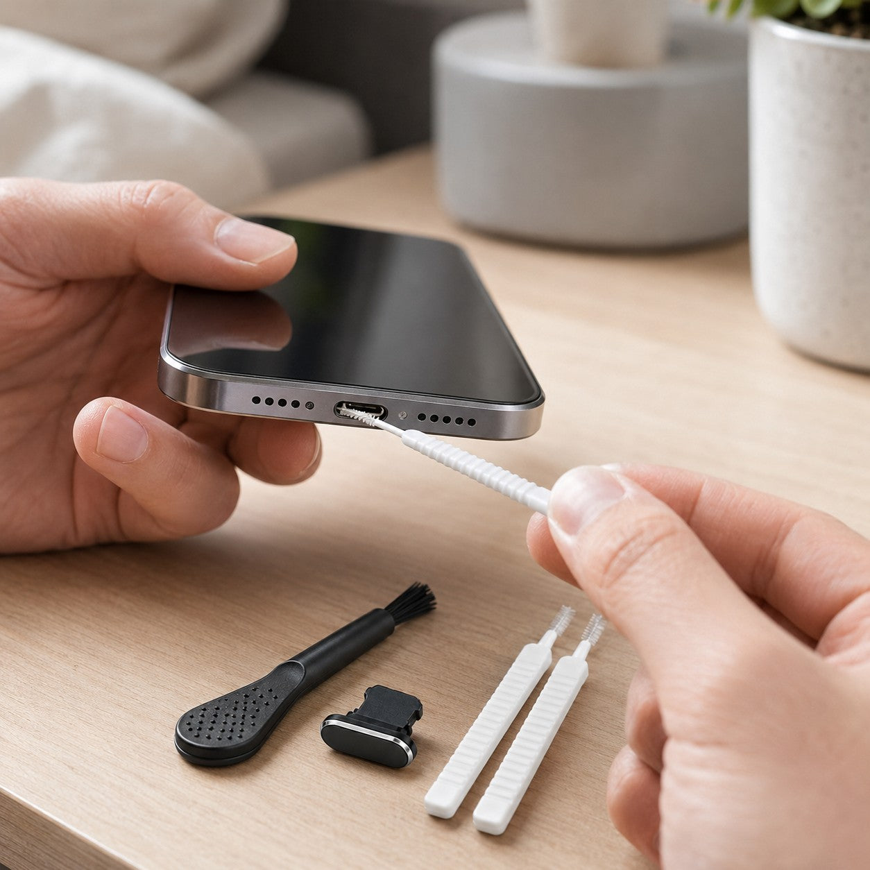 Cleaning a phone charging port with the PortPure kit