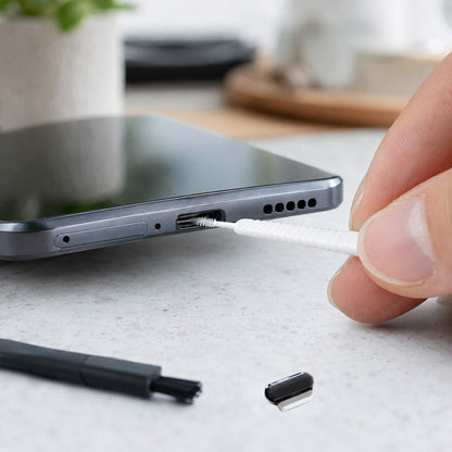 Sweeping lint out of a phone charging port with a PortPure stick