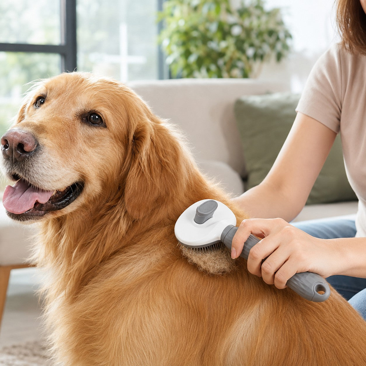 Brushing a golden retriever with the PurrGroom slicker brush