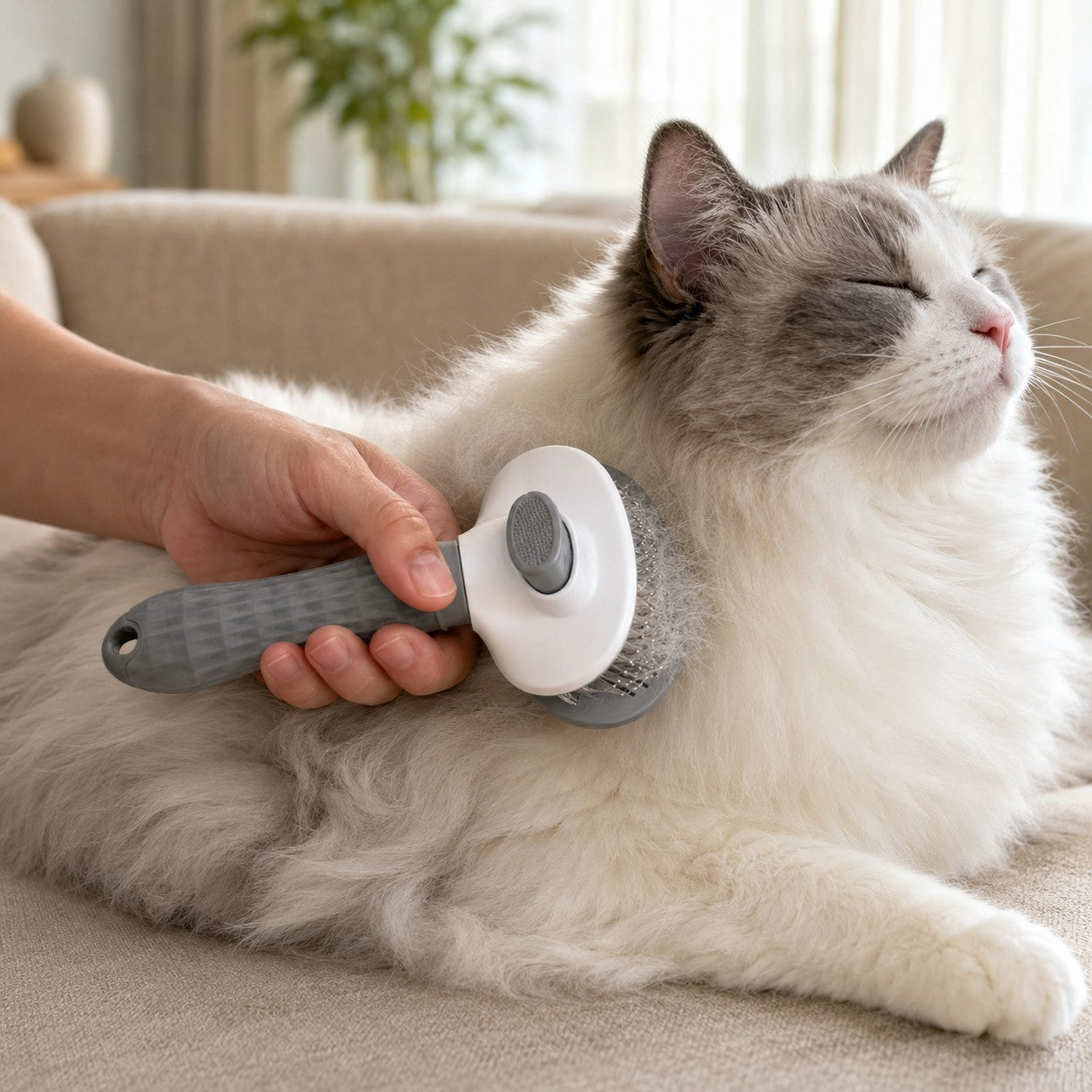 Relaxed cat being groomed with the PurrGroom brush