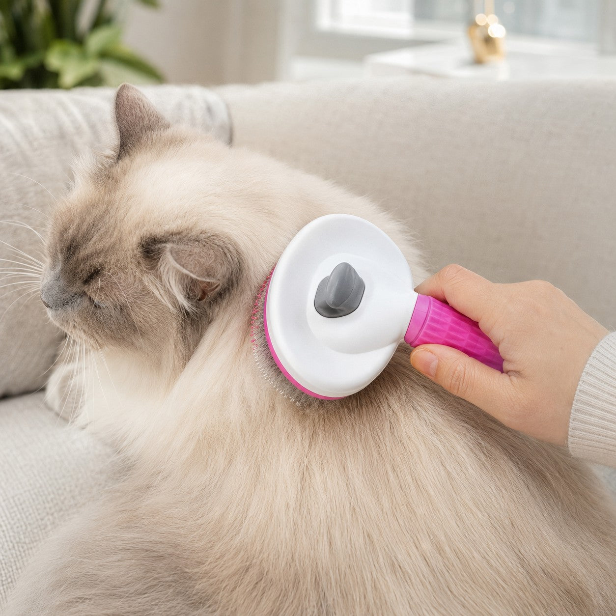 Grooming a fluffy cat with the pink PurrGroom brush