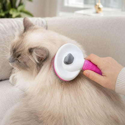Grooming a fluffy cat with the pink PurrGroom brush