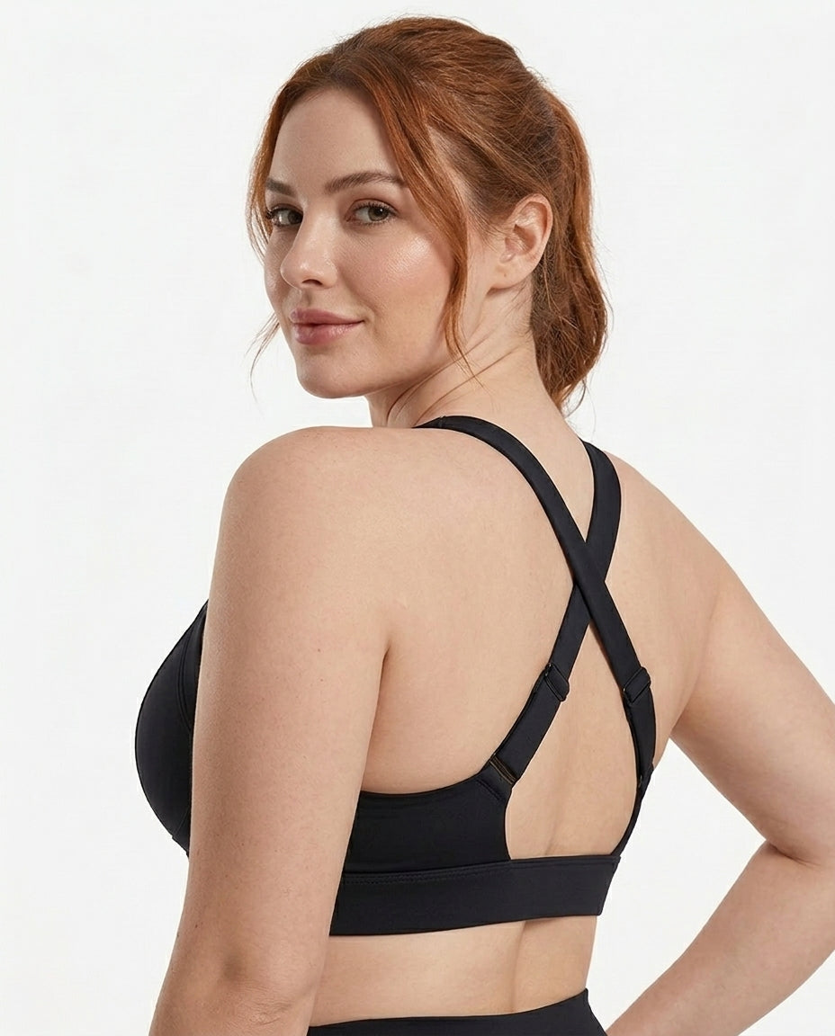 Rina X Back Support Sports Bra Black Side Back X Strap Detail