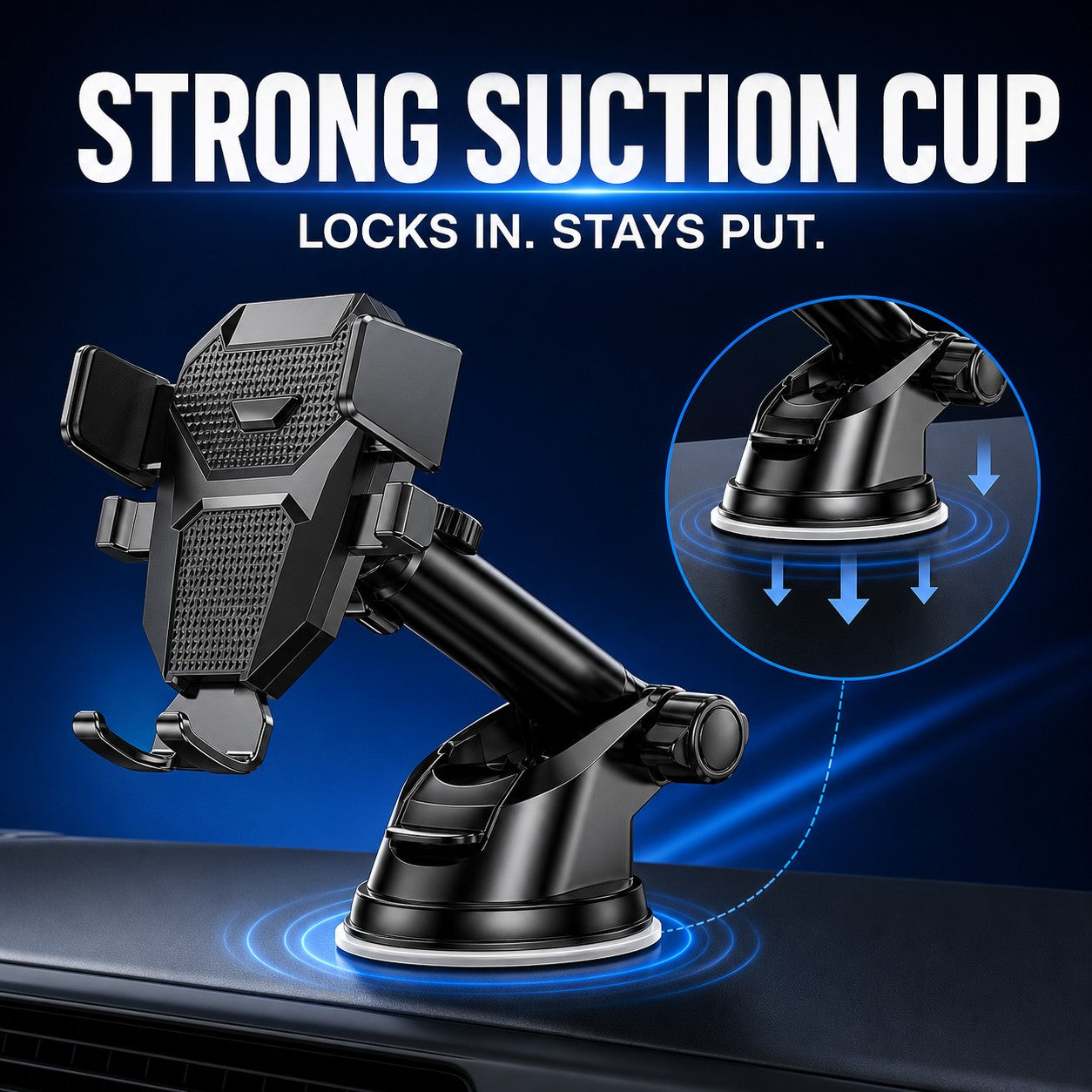 Strong suction cup locks in and stays put