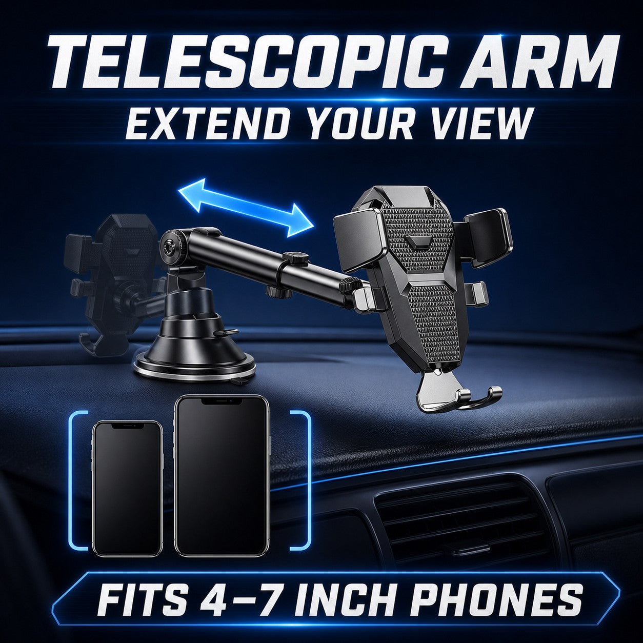 Telescopic arm extends your view and fits 4 to 7 inch phones