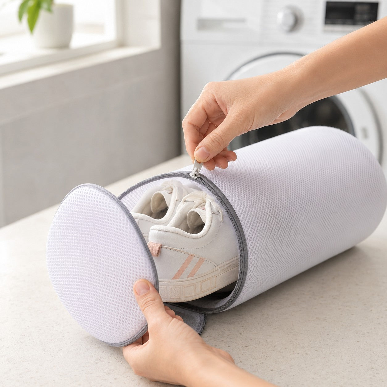 Zipping shoes securely inside the RollWash washing bag