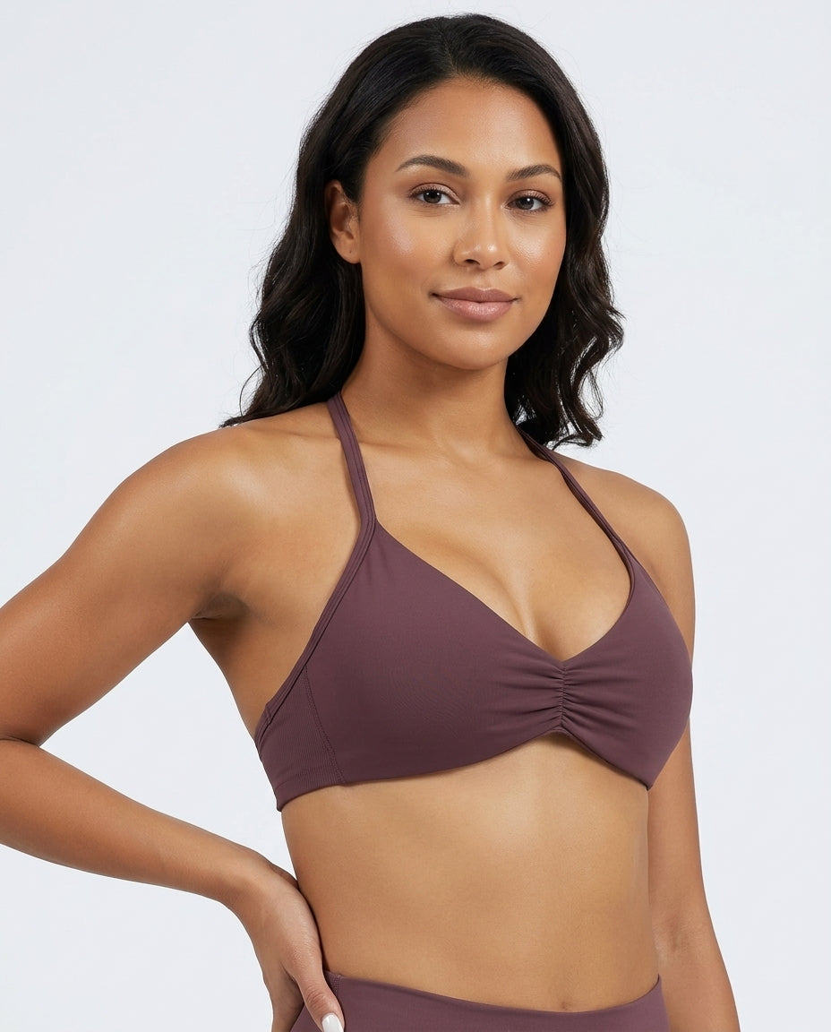 Romy Ruched Halter Bralette Brown Model Front