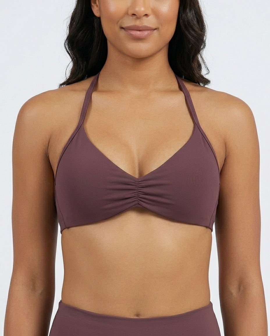Romy Ruched Halter Bralette Brown Ruched Detail