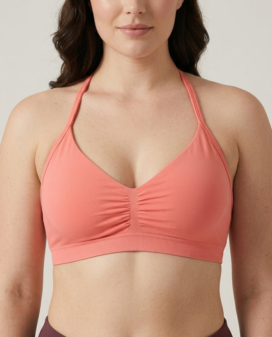 Romy Ruched Halter Bralette Coral Pink Ruched Detail