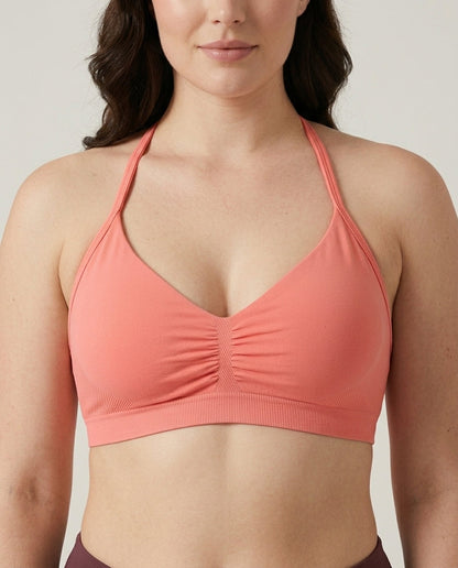 Romy Ruched Halter Bralette Coral Pink Ruched Detail