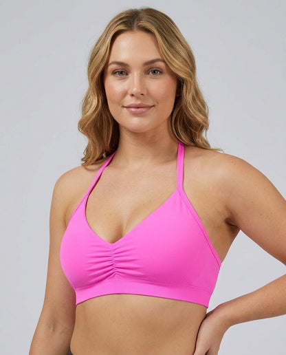 Romy Ruched Halter Bralette Hot Pink Model Front