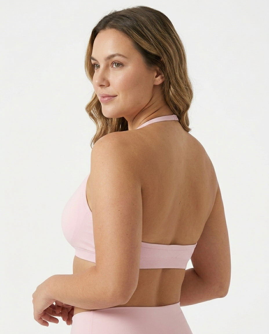 Romy Ruched Halter Bralette Light Pink Open Back View