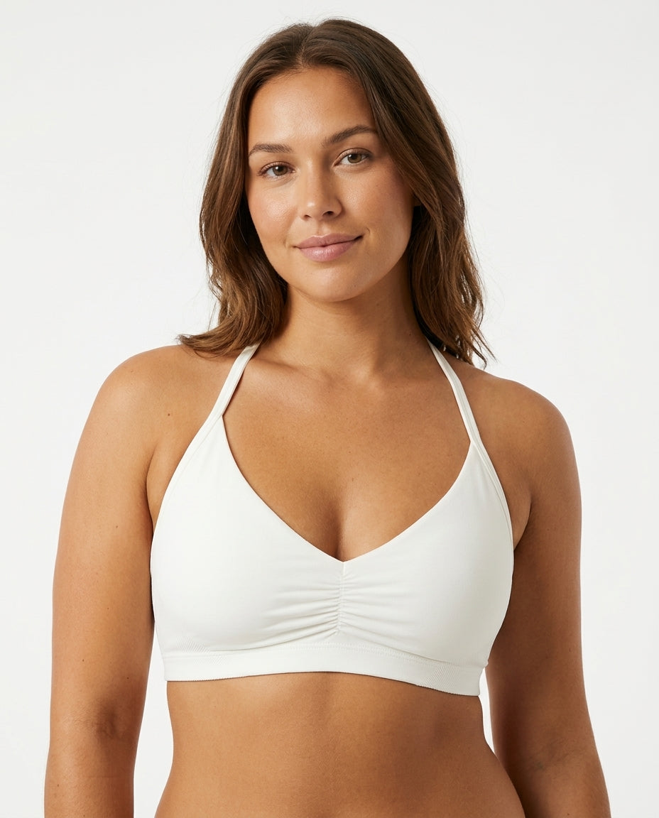 Romy Ruched Halter Bralette White Model Front