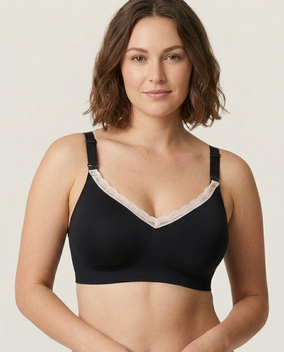 Ruby Seamless Wireless Lace Nursing Bra Black Front Close Product Detail