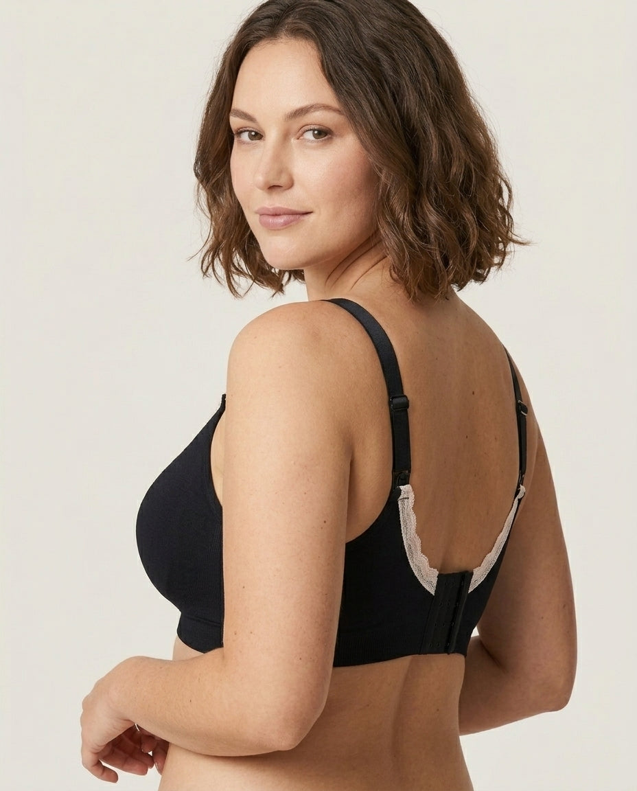 Ruby Seamless Wireless Lace Nursing Bra Black Side Back Hook Strap Detail