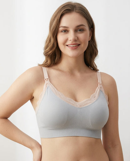 Ruby Seamless Wireless Lace Nursing Bra Gray Hero Front Model